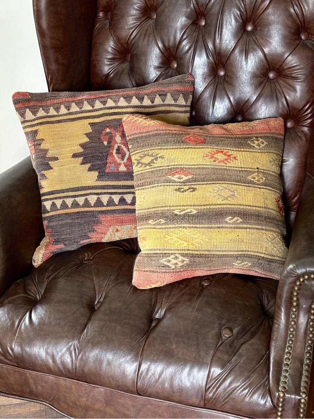 Pair Vintage Turkish Wool Kilim Pillow Covers Tribal Cushion 90s